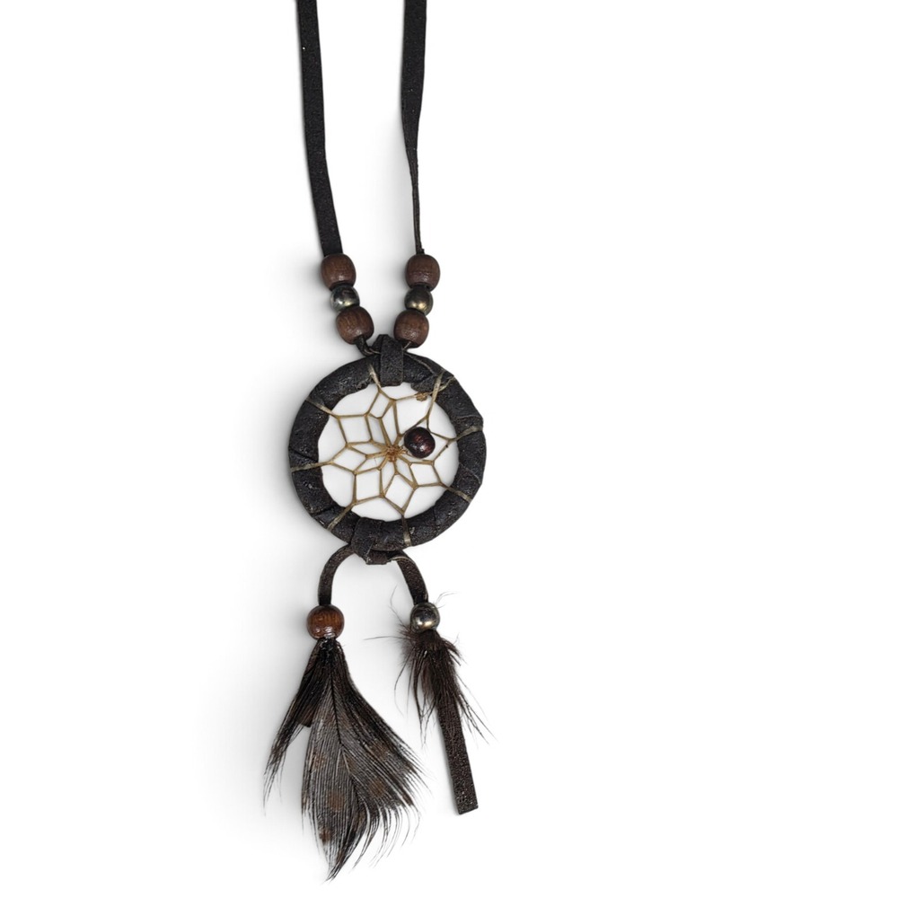 Boho Tribal Dreamcatcher  Charm Necklace  Genuine Leather Adjustable 30in Retro